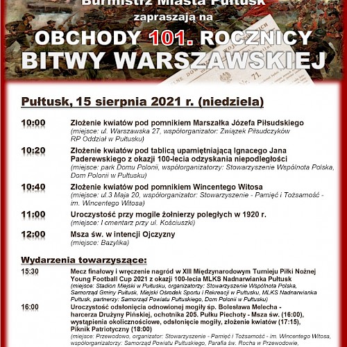 Starosta Pułtuski, Burmistrz Miasta Pułtusk zapraszają do udziału w wydarzeniach odbywających się na terenie powiatu pułtuskiego 15 sierpnia 2021 r.