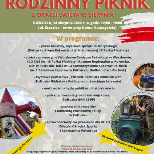 "Zapraszamy na Piknik Rodzinny z okazji święta 15 sierpnia."