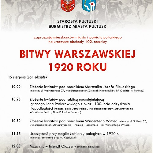 Zaproszenie na obchody 102 rocznicy Bitwy Warszawskiej 1920 Roku