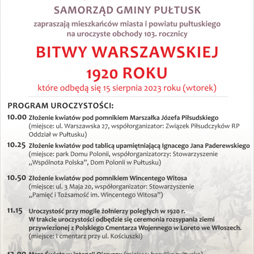 ZAPROSZENIE DO UDZIAŁU W UROCZYSTYCH OBCHODACH 103. ROCZNICY BITWY WARSZAWSKIEJ 1920 ROKU